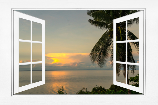 Tropical Sunset White Open Window Frame View Téléchargement Numérique