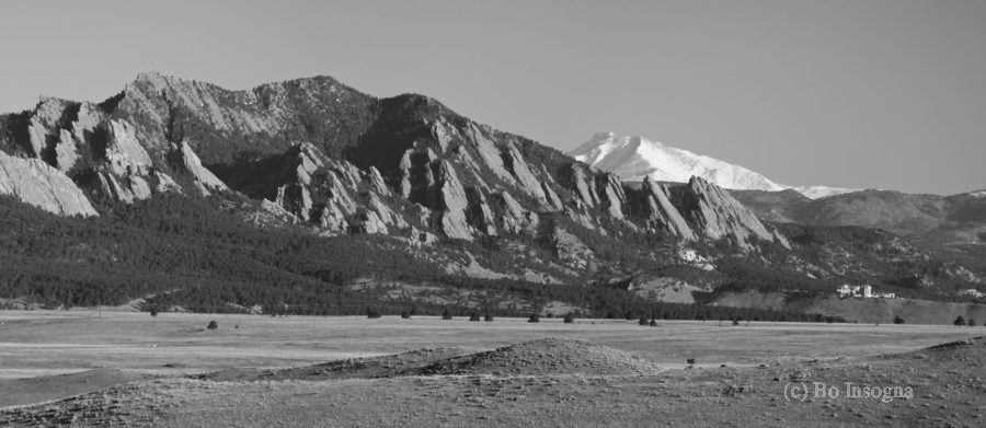 Boulder CO Flatirons Snow Covered Longs Peak Panorama BW  Print