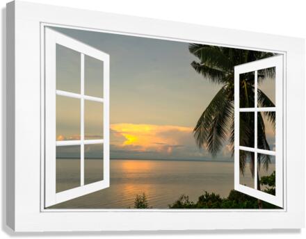 Tropical Sunset White Open Window Frame View  Canvas Print