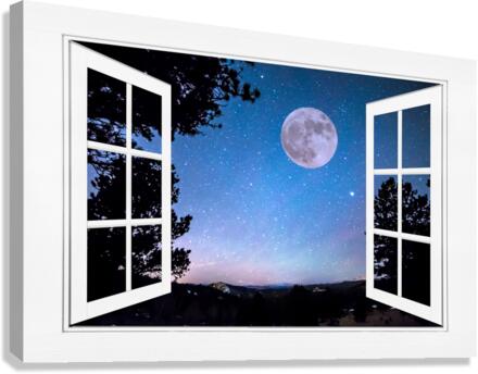 Starry Full Moon White Open Window View  Canvas Print
