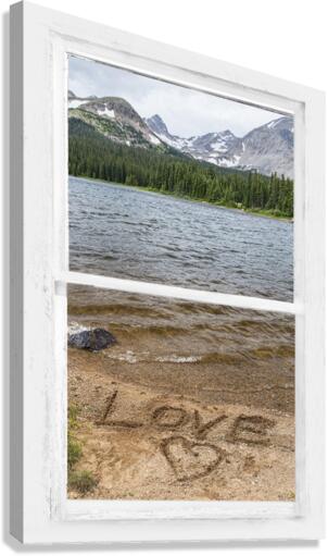 Mountain Lake White Rustic Window Of Love  Canvas Print