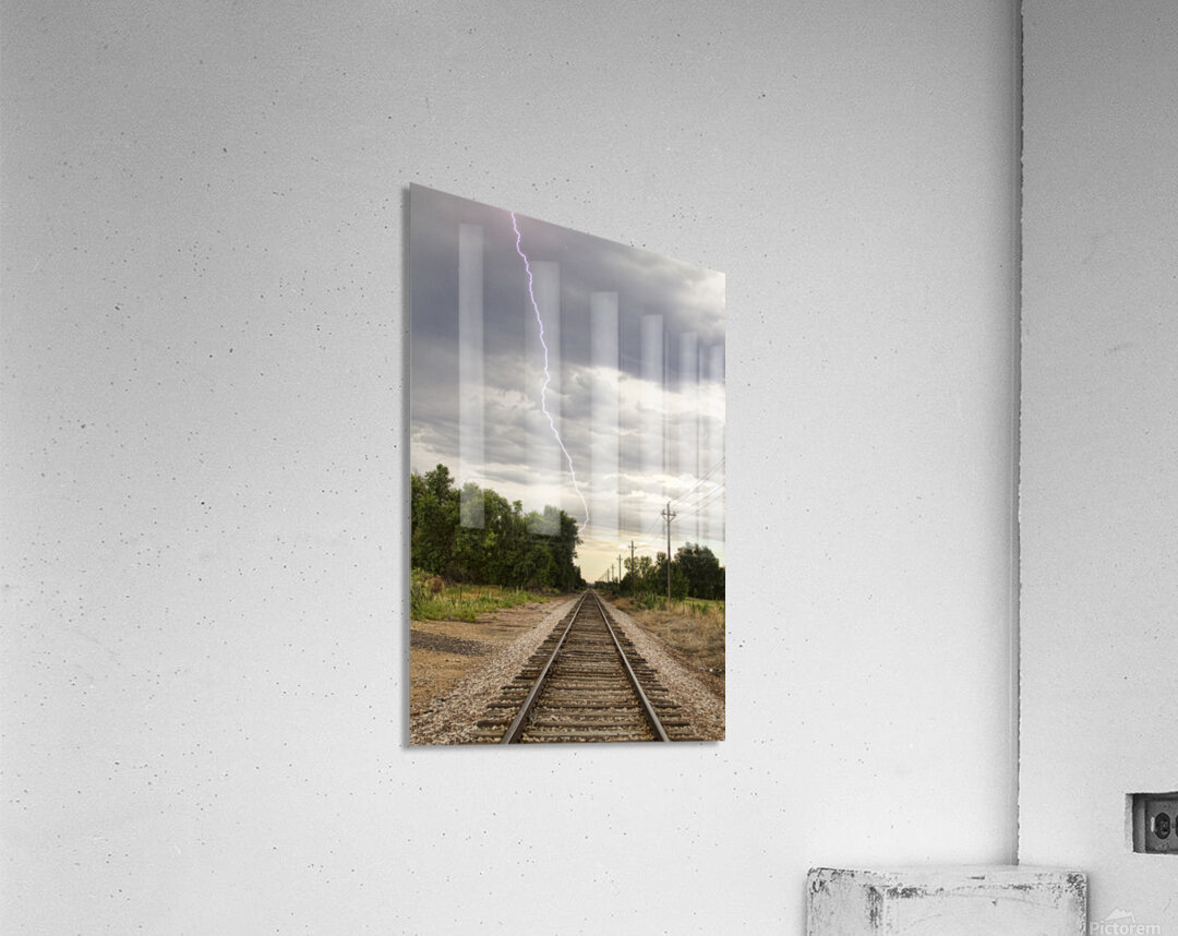 Lightning Striking By The Train Tracks Impression acrylique