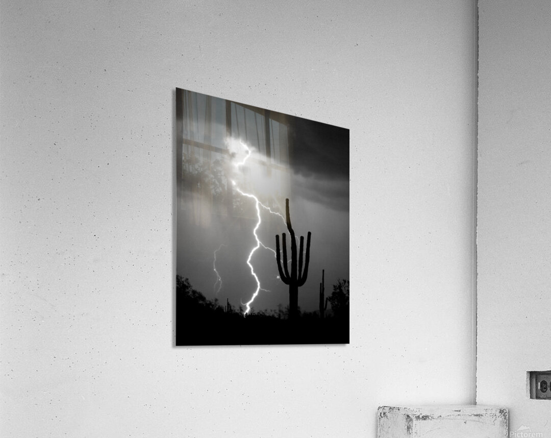 Black and White Lightning Over Arizona Desert Saguaro Impression acrylique