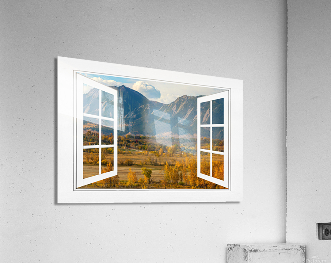 Boulder Flatirons Autumn White Open Window View  Acrylic Print 