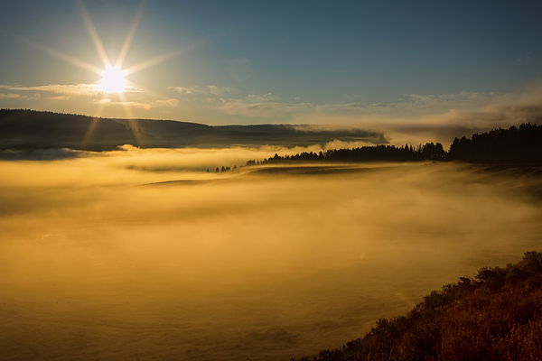 Golden Mist Sunrise Fog On Yellowstone Lake Print