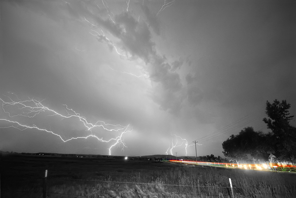 Black and White Lightning Thunderstorm with Color Light Trail Print