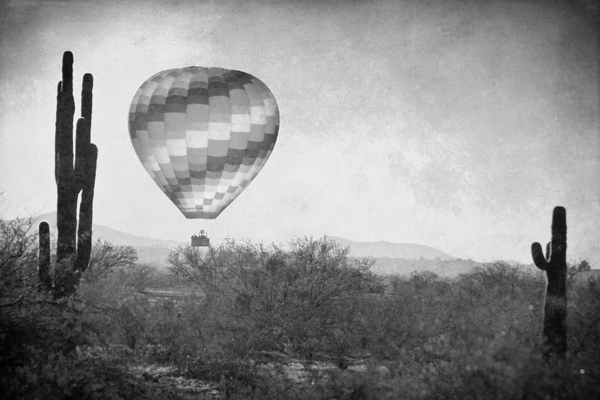 Hot Air Balloon Flight over Southwest Desert BW Fine Art Print   Print