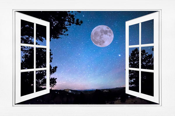 Starry Full Moon White Open Window View Digital Download