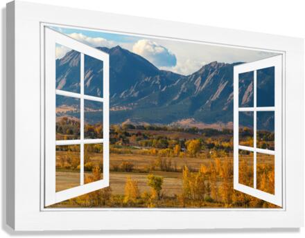Boulder Flatirons Autumn White Open Window View  Canvas Print