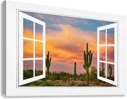 Arizona Saguaro Colorful Sky White Open Window  Canvas Print