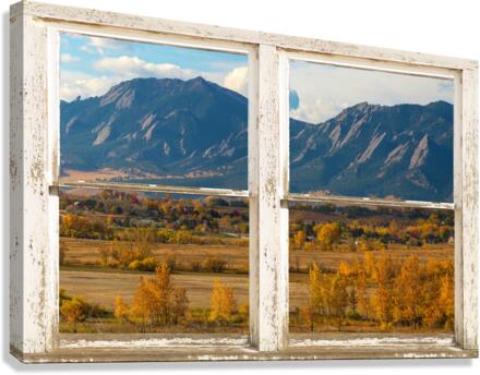Boulder Colorado Flatirons Autumn  Rustic Window  Canvas Print