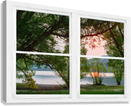 Sun Glowing Lush Trees Lakeside Whitewash Window  Impression sur toile