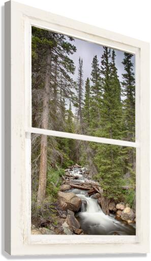 Rocky Mountain Stream White Rustic Window  Impression sur toile