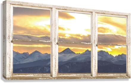 Rocky Mountain Sunset White Rustic Barn Window  Impression sur toile