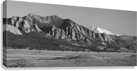 Boulder CO Flatirons Snow Covered Longs Peak Panorama BW  Canvas Print