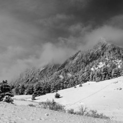 Boulder Colorado Flatirons April Snow In Black and White