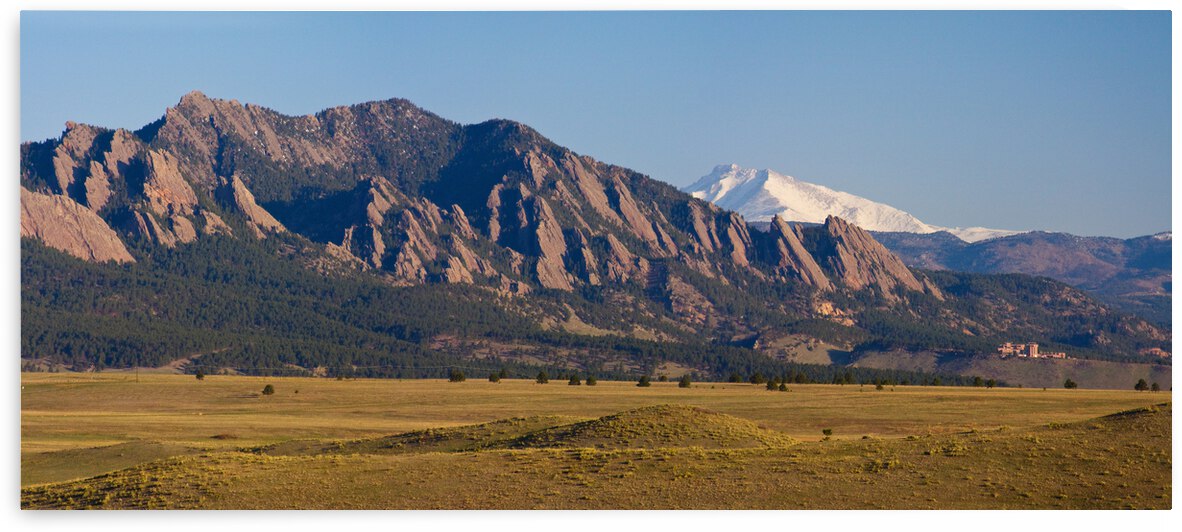 Flatirons snow covered longs peak panorama by Bo Insogna