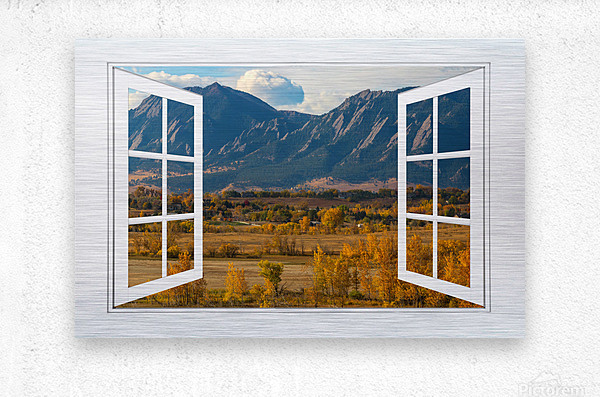 Boulder Flatirons Autumn White Open Window View  Metal print