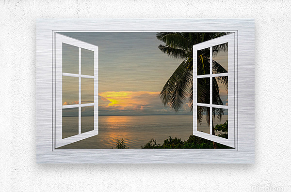 Tropical Sunset White Open Window Frame View  Metal print
