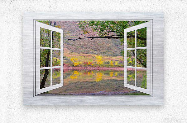 Autumn Lake Open White Picture Window View  Metal print