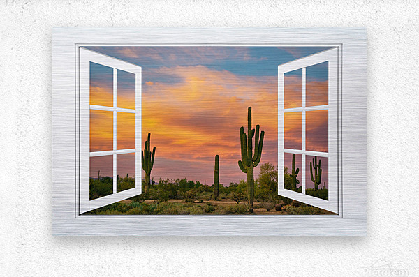 Arizona Saguaro Colorful Sky White Open Window  Metal print