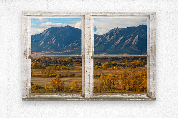 Boulder Colorado Flatirons Autumn  Rustic Window  Metal print