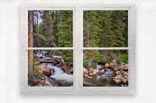 Rocky Mountains Forest Stream Rustic Window  Metal print