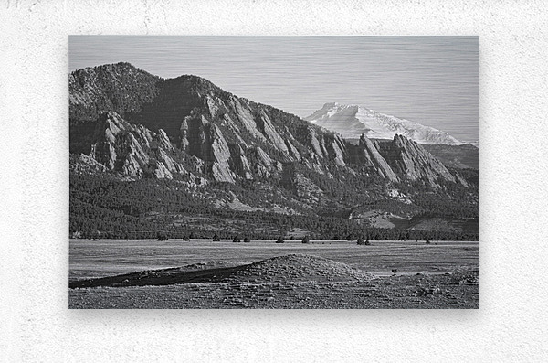 Colorado Rocky Mountains Flatirons Snow Covered Longs Peak BW  Metal print