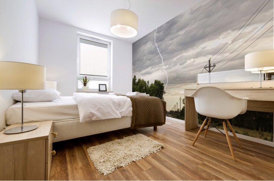 Lightning Striking By The Train Tracks Mural print