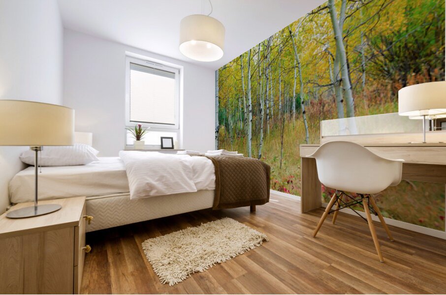 Radiant Autumn Forest Landscape in Gold and Red Mural print