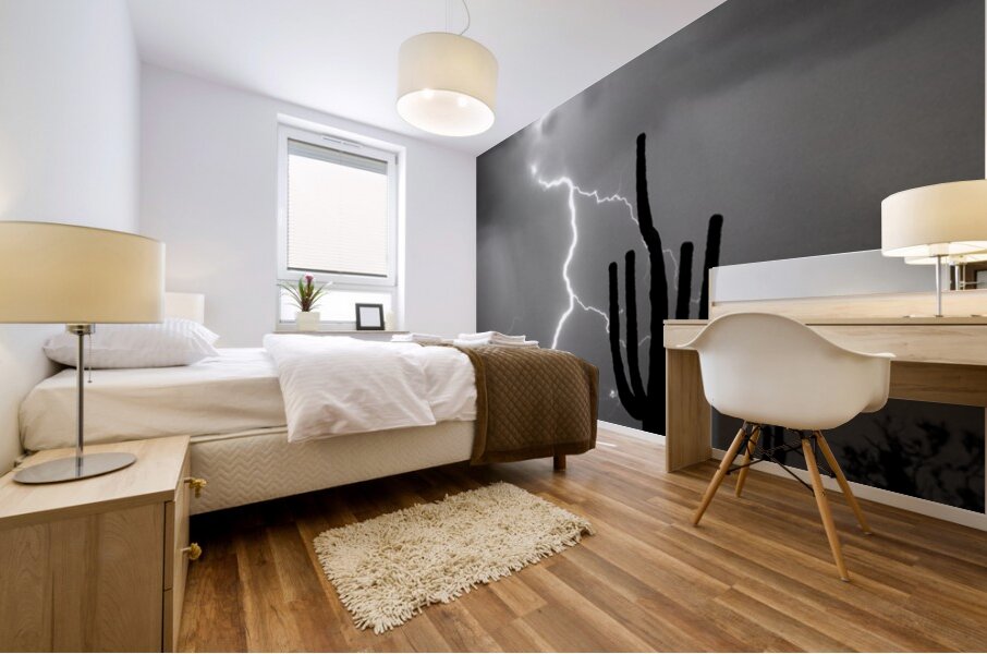Black and White Lightning Over Arizona Desert Saguaro Mural print