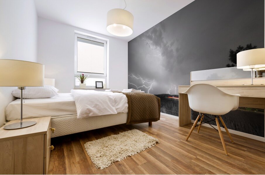 Black and White Lightning Thunderstorm with Color Light Trail Mural print