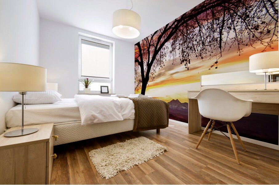 Colorado Sunset with Twin Peaks and Tree Silhouette Mural print