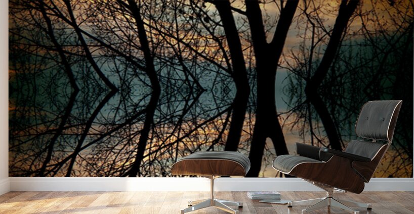 Sunset Tree Silhouette Abstract Mirror Reflection Wall Murals