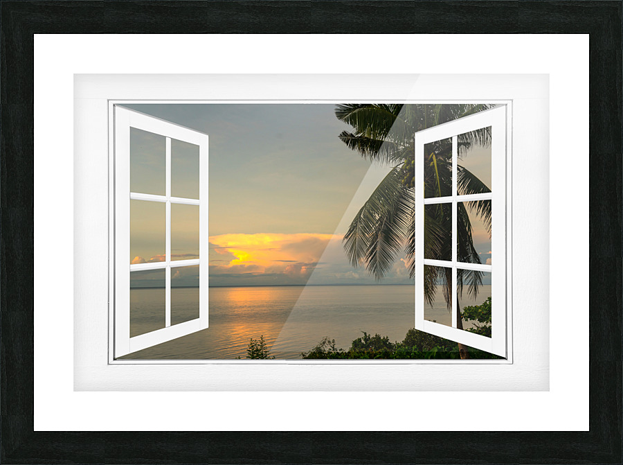 Tropical Sunset White Open Window Frame View Frame print