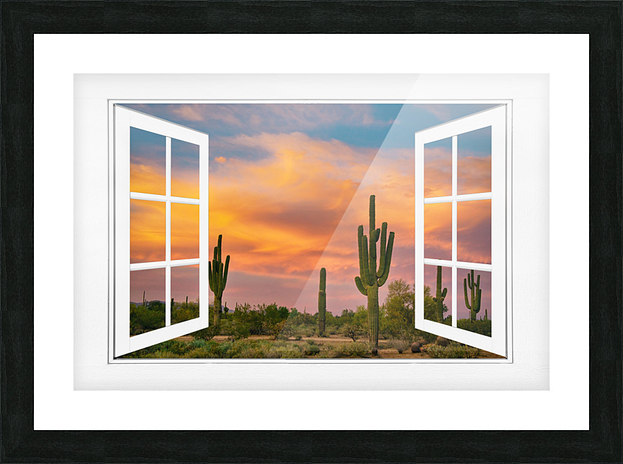 Arizona Saguaro Colorful Sky White Open Window Frame print
