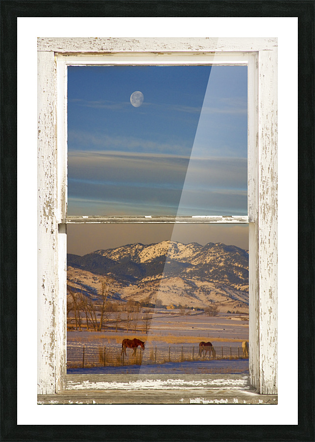 Horses Moon Mountains Snow White Peel Rustic Window Frame print