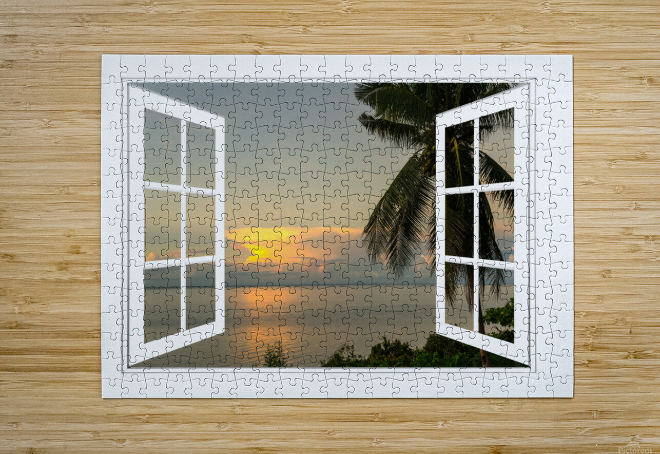Tropical Sunset White Open Window Frame View  HD Metal print with Floating Frame on Back