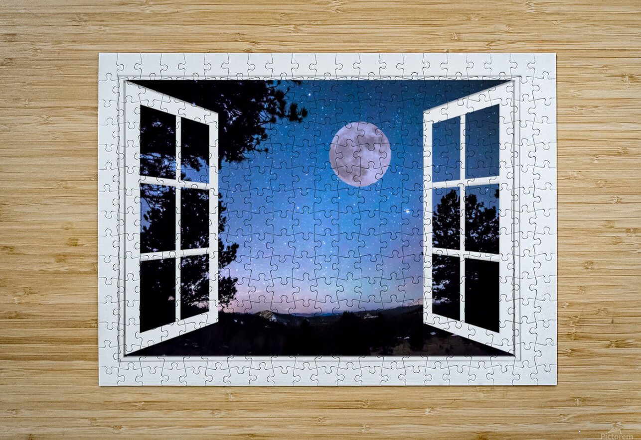 Starry Full Moon White Open Window View  HD Metal print with Floating Frame on Back