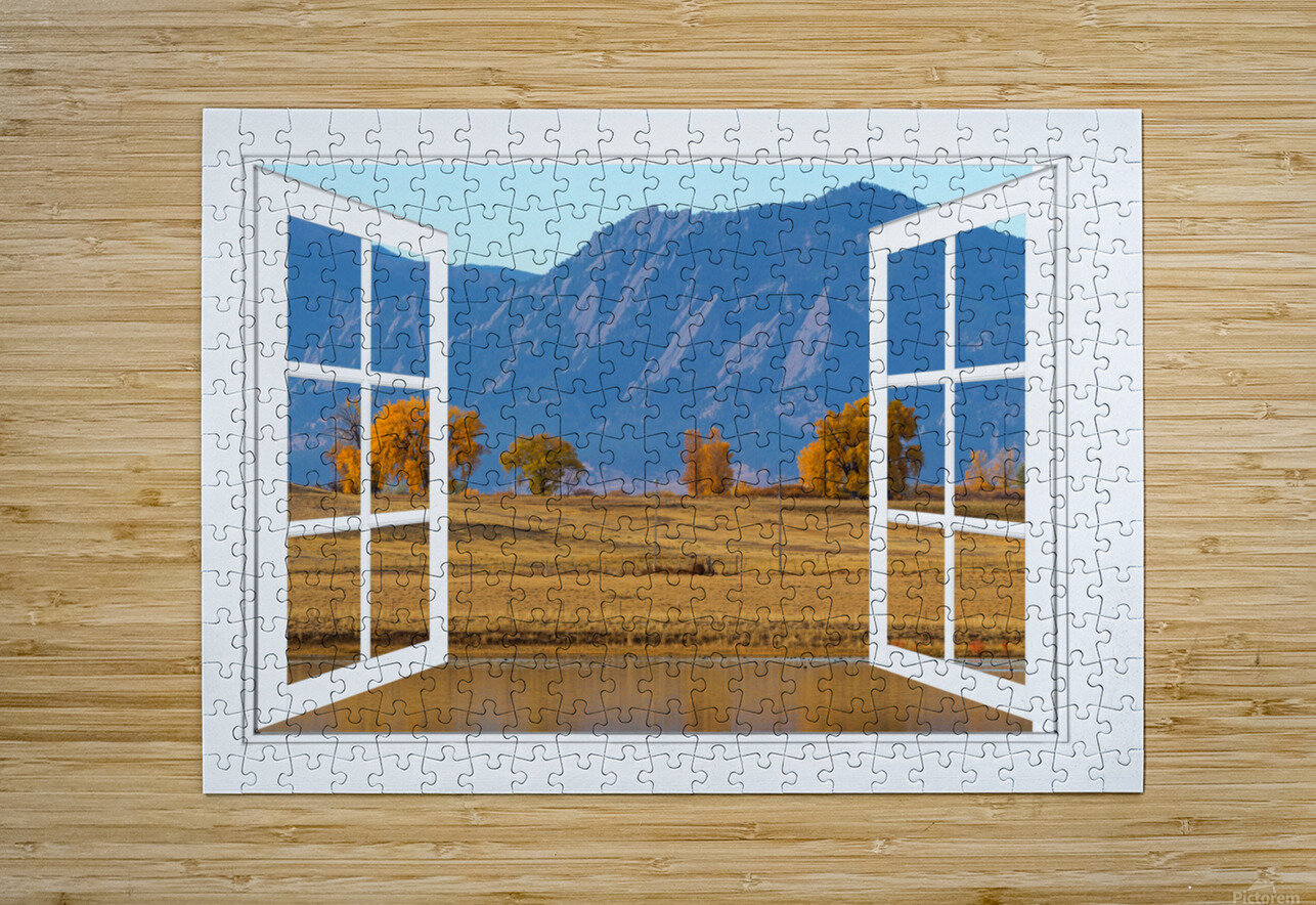 Boulder Flatirons Autumn Trees  Open Window View  HD Metal print with Floating Frame on Back