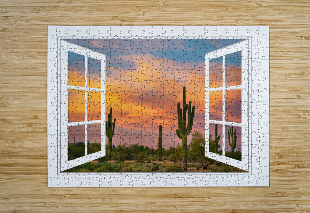 Arizona Saguaro Colorful Sky White Open Window  HD Metal print with Floating Frame on Back