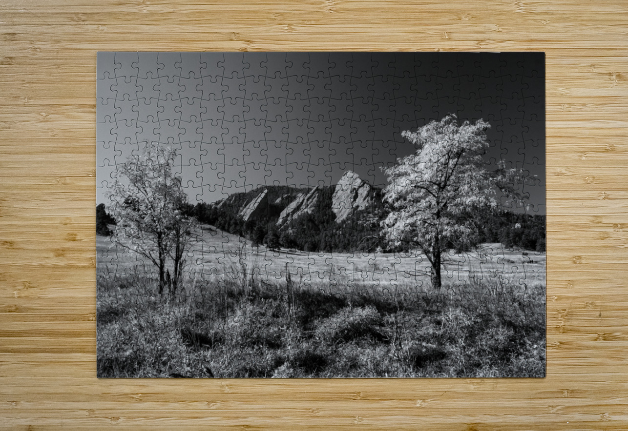 Boulder Colorado Flatirons Black White  HD Metal print with Floating Frame on Back