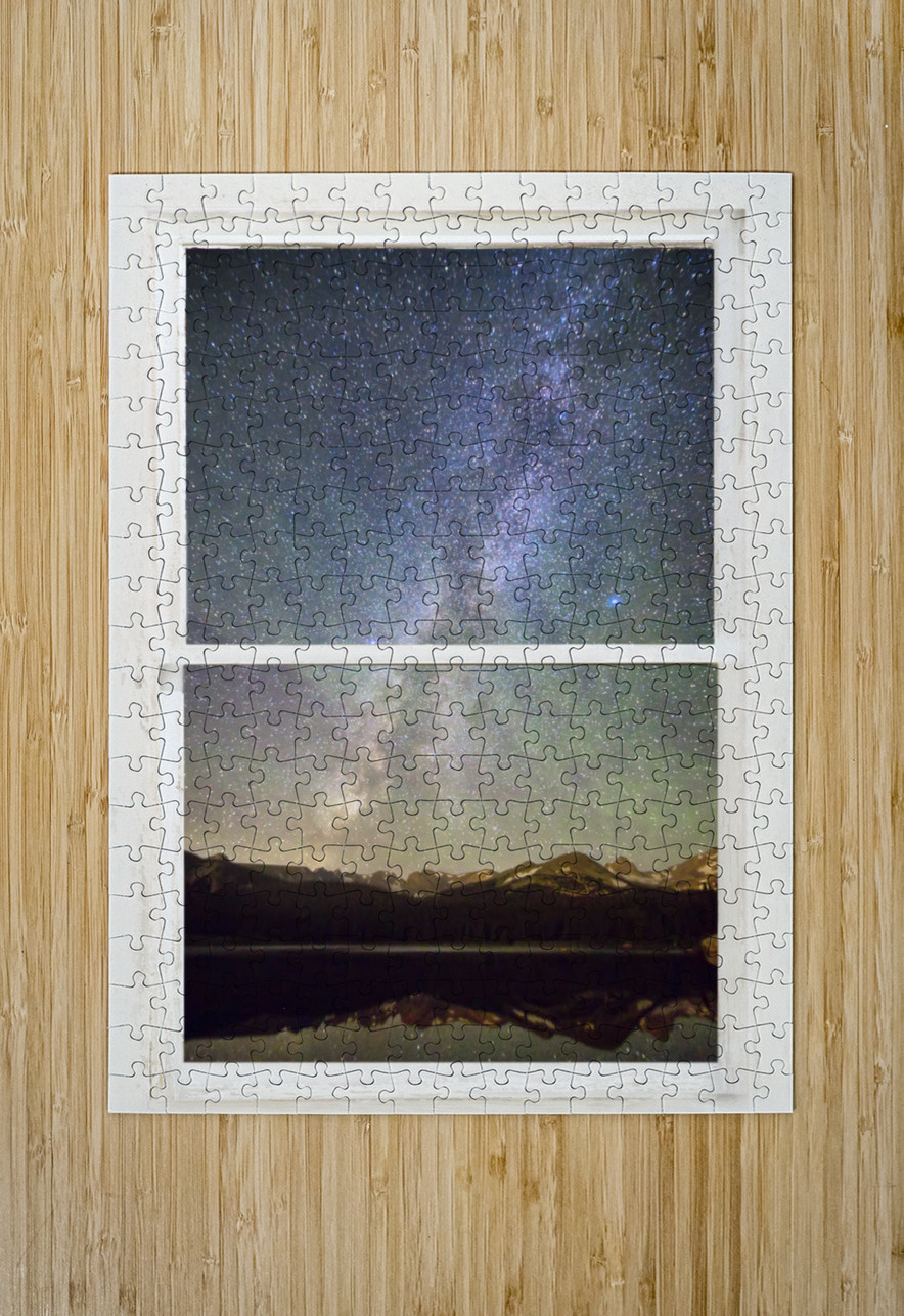 Milky Way Mountains White Rustic Window  Impression métal HD avec cadre flottant sur le dos