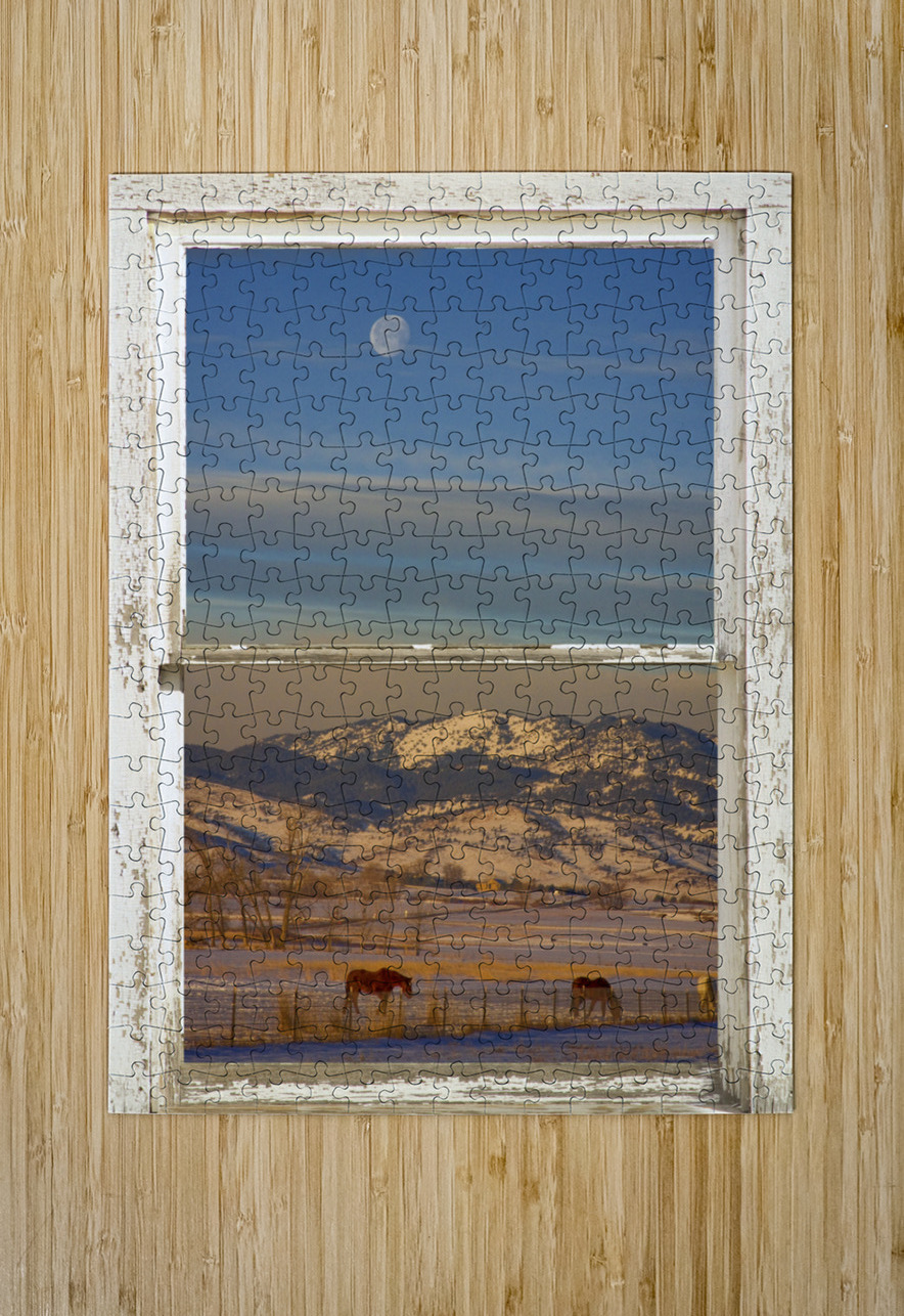 Horses Moon Mountains Snow White Peel Rustic Window  HD Metal print with Floating Frame on Back
