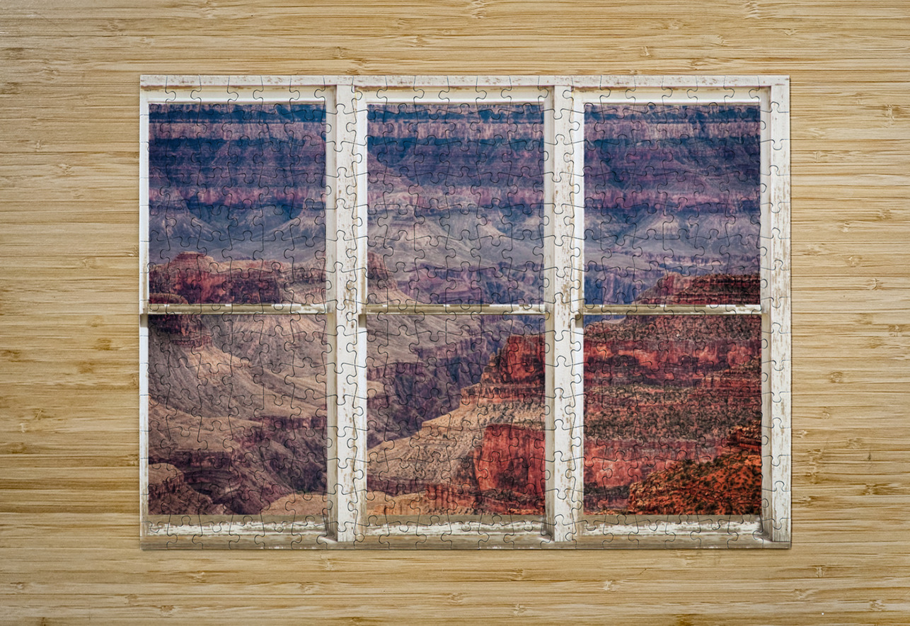 Rustic Window View Grand Canyon  Impression métal HD avec cadre flottant sur le dos