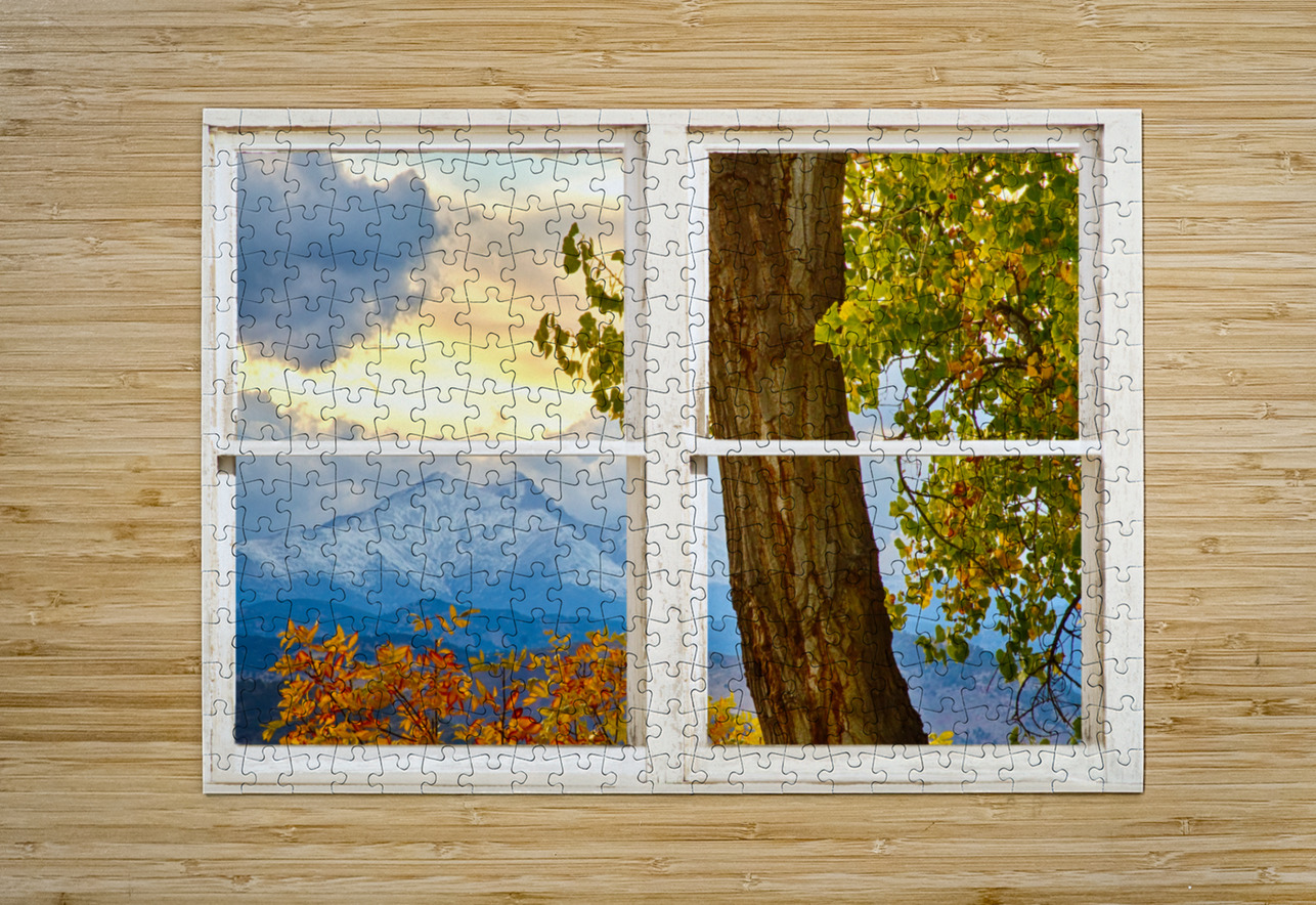 Rocky Mountain Autumn Season Rustic Window  HD Metal print with Floating Frame on Back