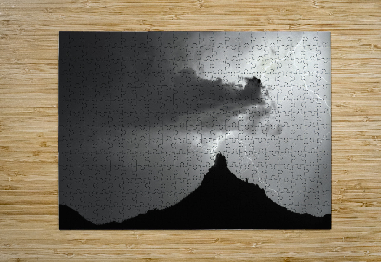 Pinnacle Peak Arizona Lightning Strike BW  HD Metal print with Floating Frame on Back