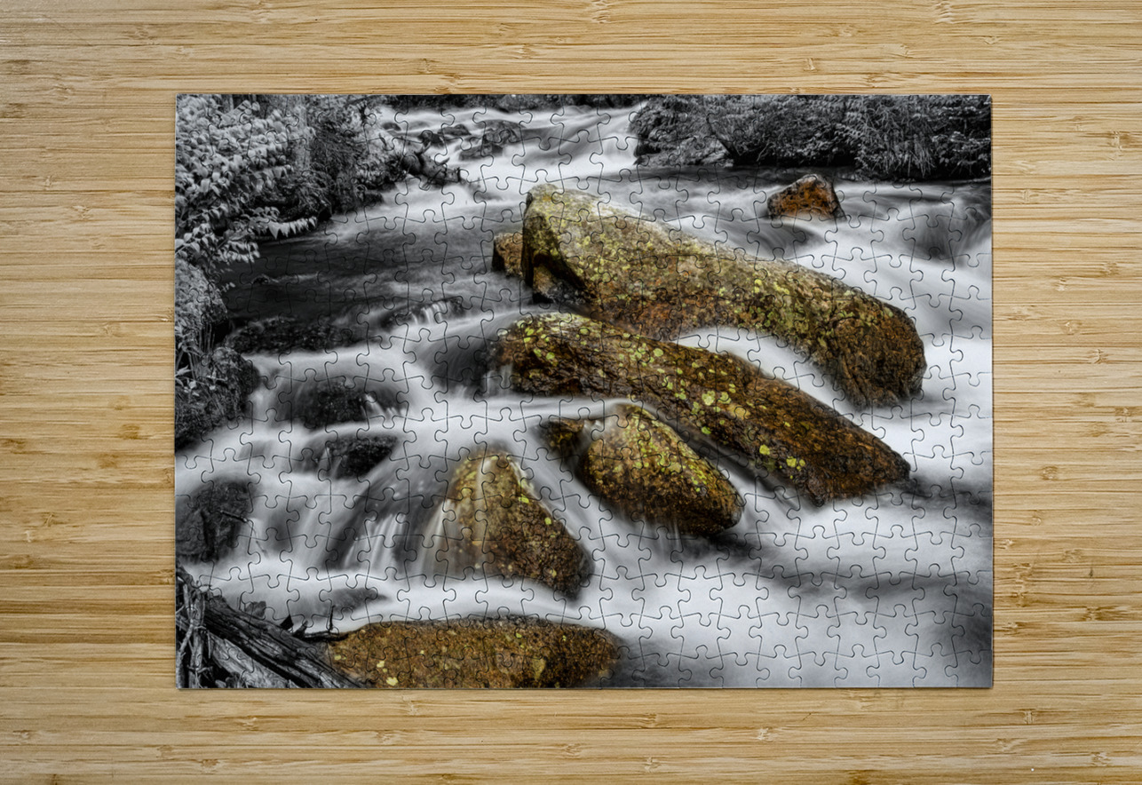 Cascading Water and Rocky Mountain Rocks BWSC  HD Metal print with Floating Frame on Back