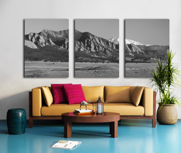 Boulder CO Flatirons Snow Covered Longs Peak Panorama BW Split Canvas print