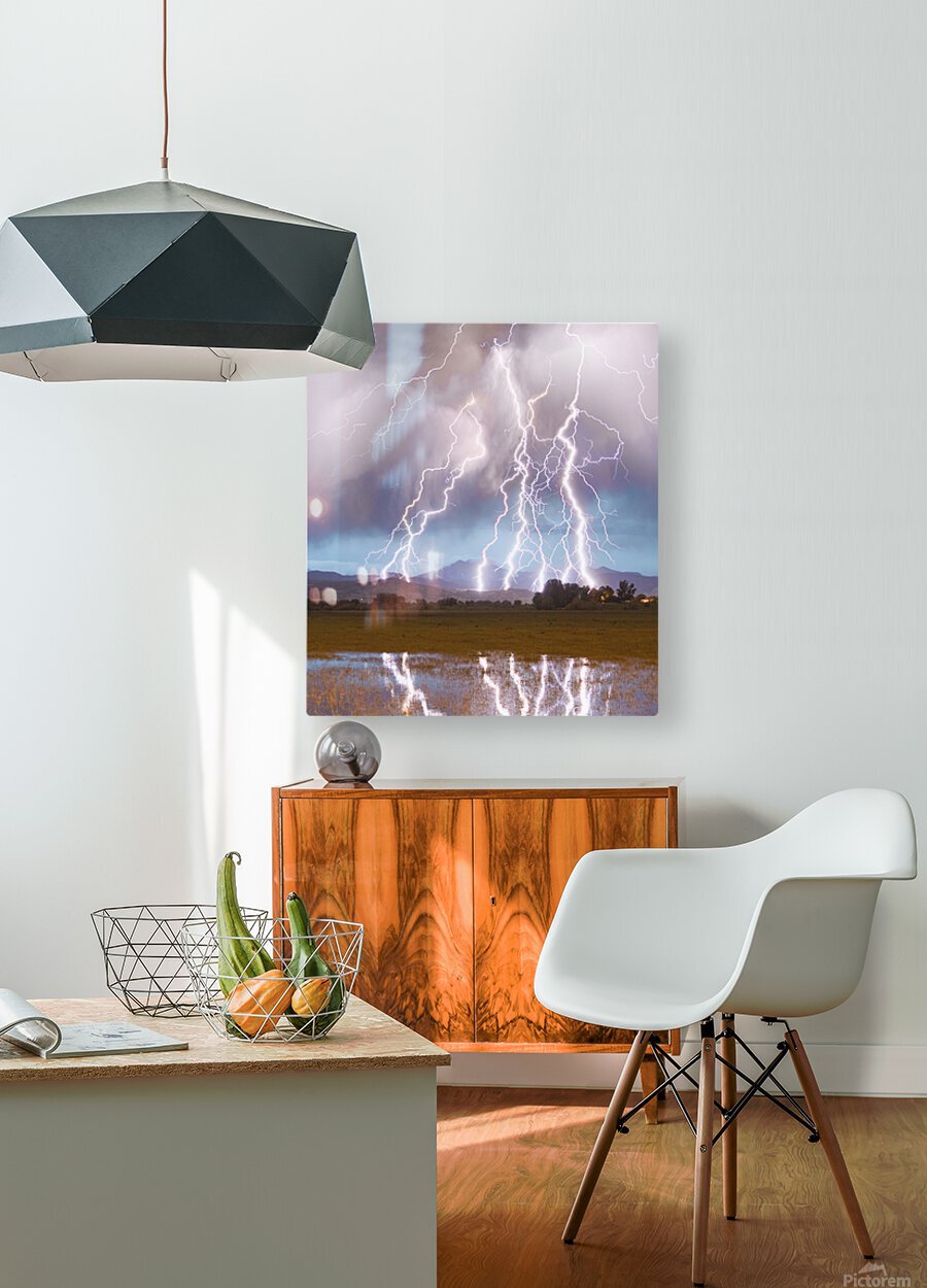 Lightning Striking Longs Peak Foothills 4AC  HD Metal print with Floating Frame on Back
